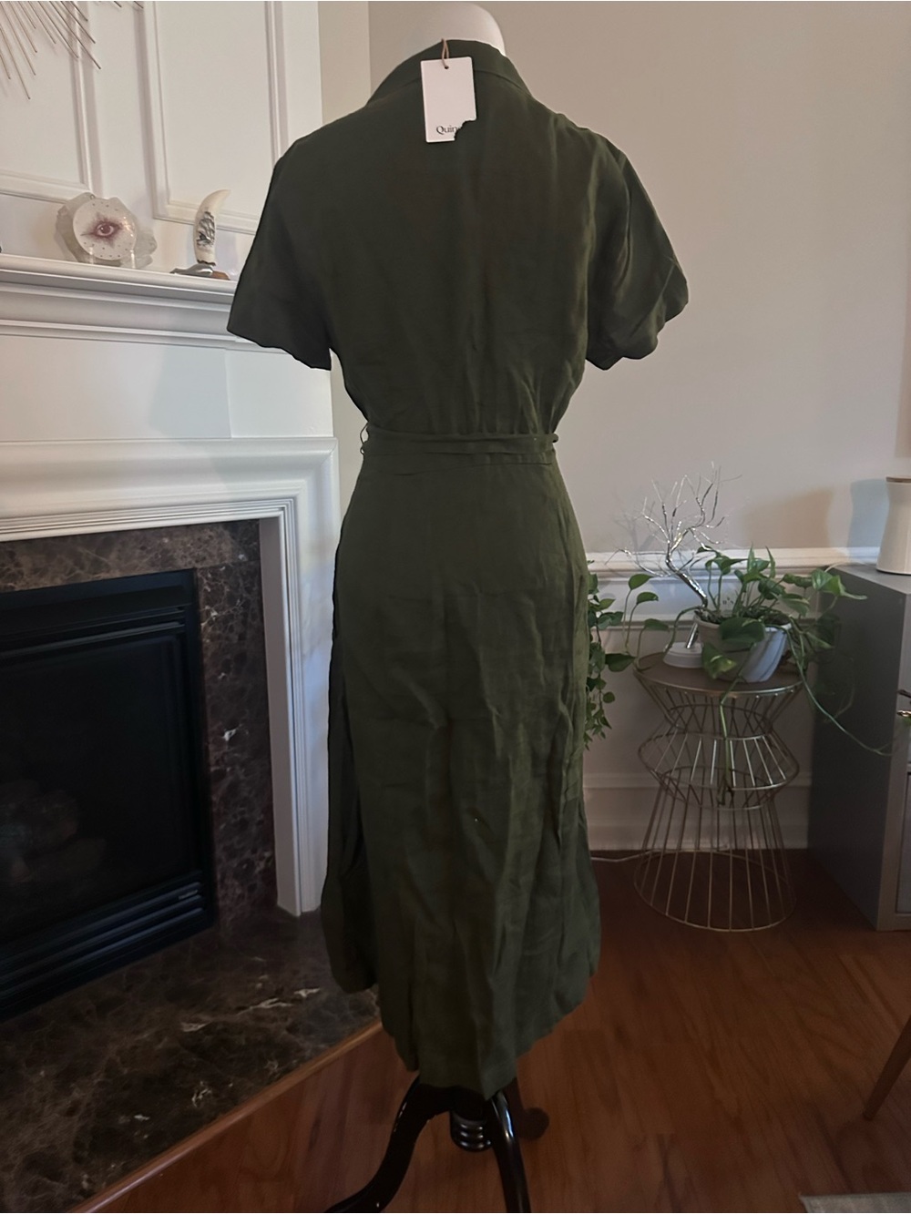 Army Green Linen Collar dress with button front and tie. NWT Quince 8 - Picture 8 of 8